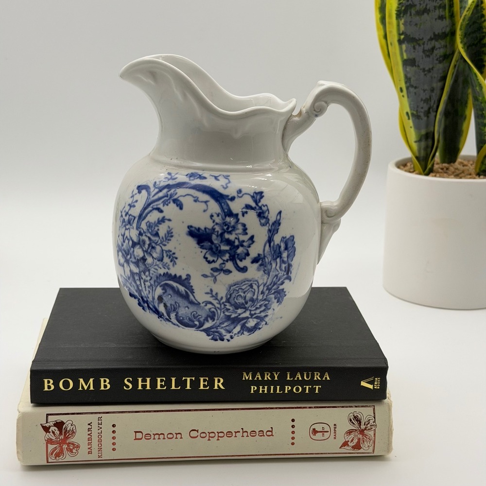 Vintage Blue Transferware Floral Ironstone 7" Pitcher Farmhouse Scalloped